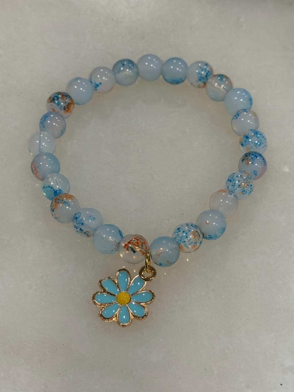 Blue Daisy Charm Beaded Stretch Bracelet